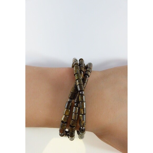 7 1/2" Triple Strand Bronzite 4mm Tube Sterling Silver Beaded Toggle Bracelet - Picture 3 of 12